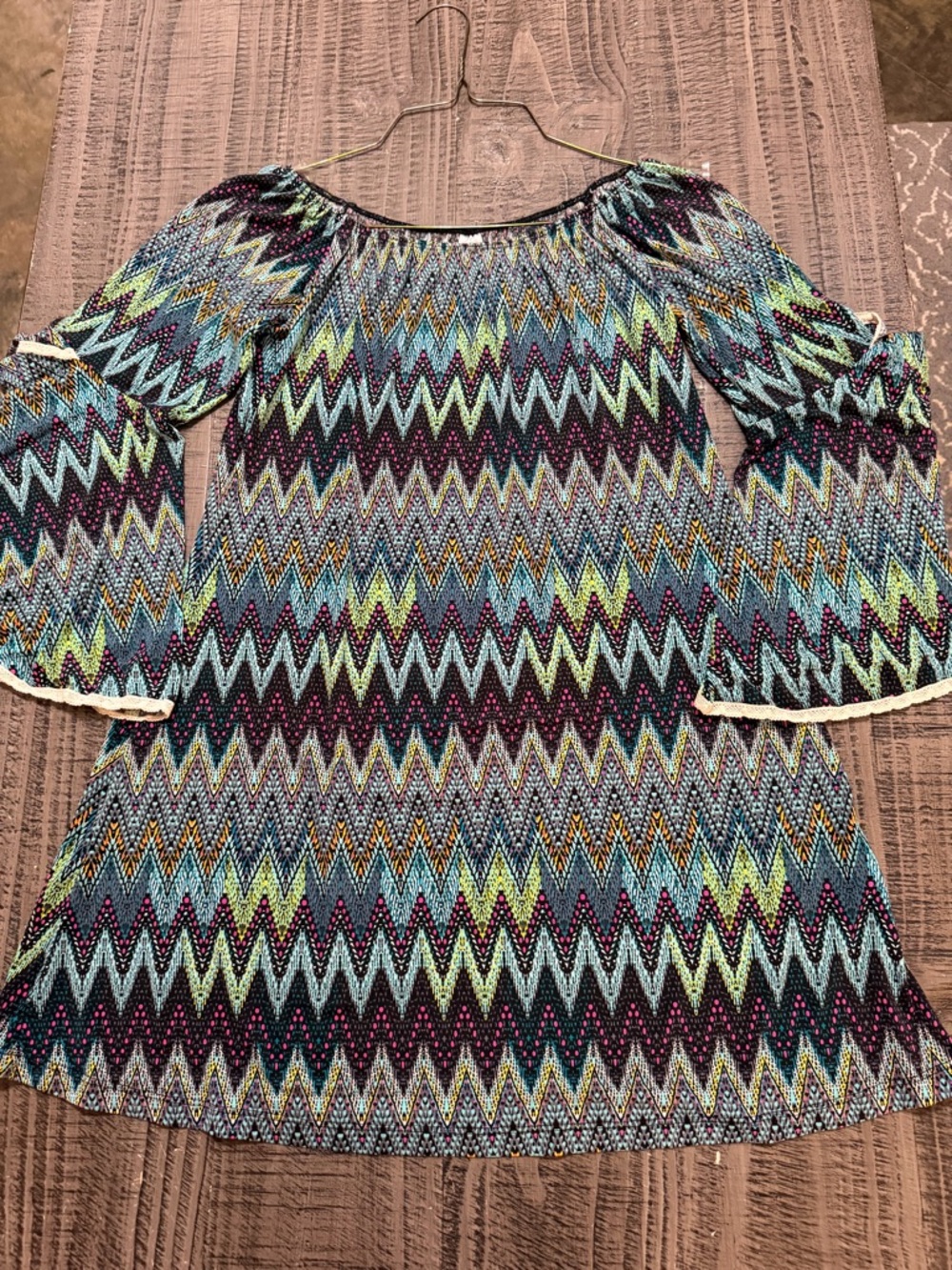 Boho Zigzag Off-Shoulder Tunic in Blue and Green
